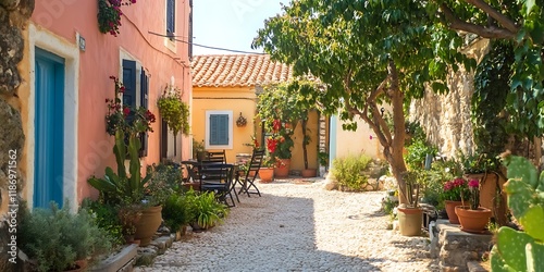 Fototapeta Naklejka Na Ścianę i Meble -  a street with tables and chairs in front of colorful buildings