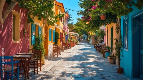 Fototapeta Naklejka Na Ścianę i Meble -  a street with tables and chairs in front of colorful buildings