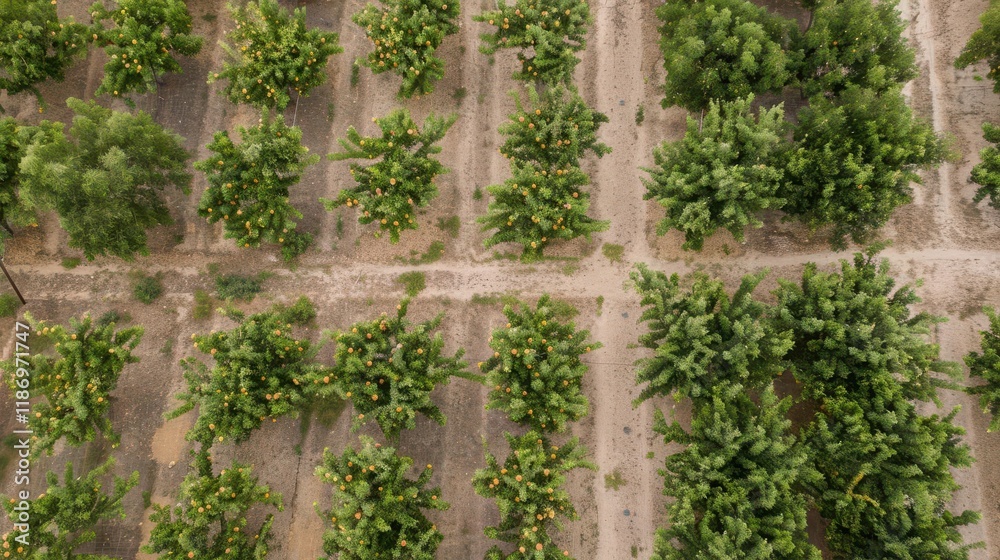 Aerial view of a lush plantation with rows of banana trees and a dirt path. Aerial view of a lush plantation with rows of banana trees and a dirt path.