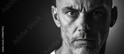 Intense male headshot in black and white, studio lighting, focus on facial expression, with ample copy space for text.