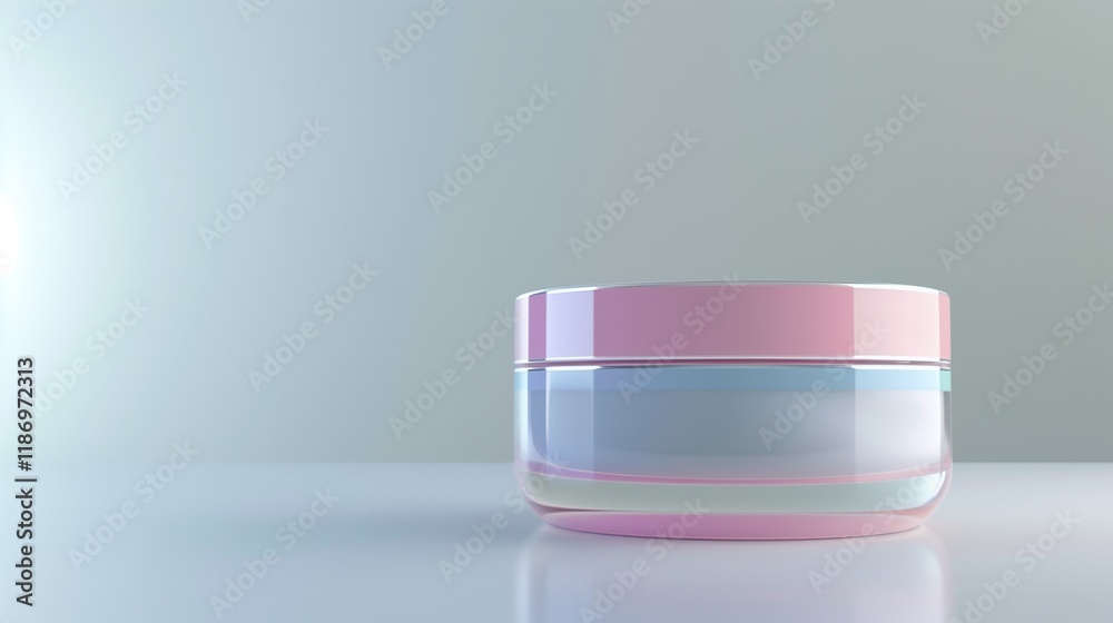 A realistic close-up of a glass jar of hand cream with soft pastel colors, placed on a clean white surface. The texture of the cream is visible on the jara??s opening. A realistic close-up of a glass jar of hand cream with soft pastel colors, placed on a clean white surface. The texture of the cream is visible on the jara??s opening.