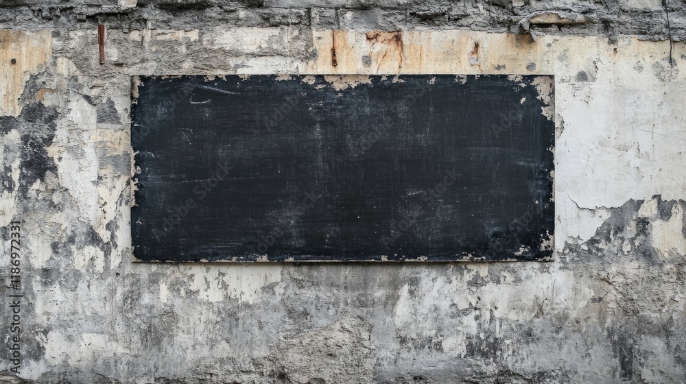Fototapeta premium Blank Chalkboard on Weathered Wall with Rough Textured Surface and Cracked Paint, Ideal for Message Overlay or Advertisement Copy Space