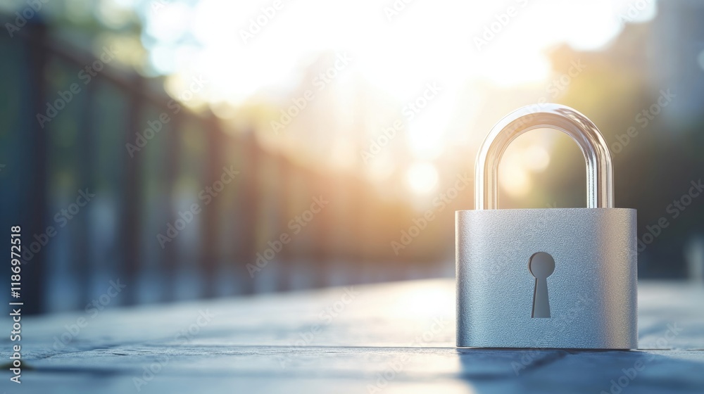 Fototapeta premium Padlock on pavement at sunset, symbolizing security and protection, with ample empty space for text, creating a privacy and password concept.