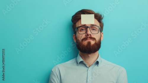 Frustrated businessman with sticky note on forehead against turquoise background, empty space for text, indoors office setting, casual attire photo