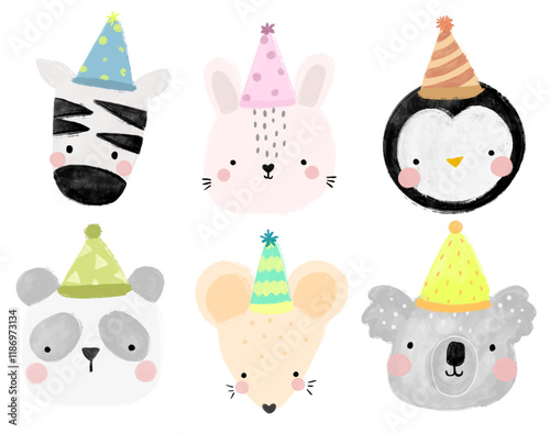 Cute collection set of scandinavian jungle forest animals wearing birthday hat party crayon watercolor illustration png transparent nursery cutout clipart digital planner sticker