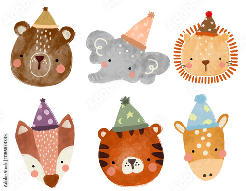 Cute set collections head of scandinavian jungle forest animals wearing birthday hat party crayon watercolor illustration png transparent nursery cutout clipart digital planner sticker