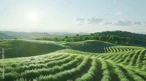 Lush green rolling hills and expansive farmland landscape with mountains in the distance on a sunny day with a cloudy sky  Peaceful and tranquil outdoor rural countryside scene