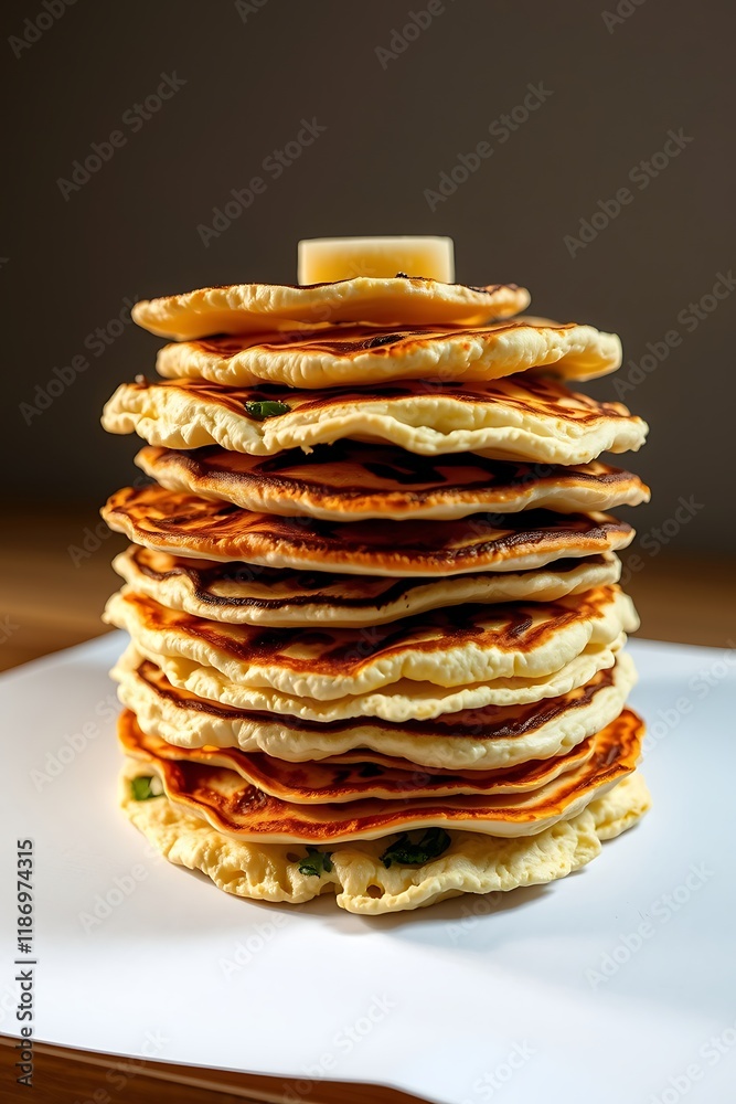 High stack of golden pancakes with butter. High stack of golden pancakes with butter.