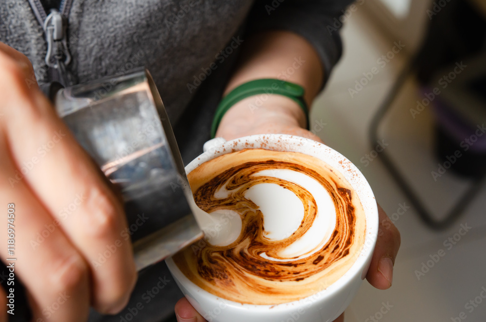 A barista prepares a latte at a professional espresso machine in a cozy coffee shop. The scene captures the meticulous process of brewing coffee, with various barista tools. A barista prepares a latte at a professional espresso machine in a cozy coffee shop. The scene captures the meticulous process of brewing coffee, with various barista tools.