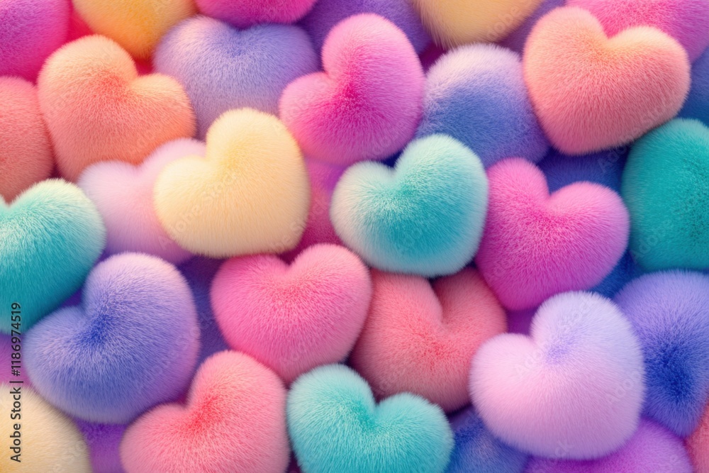 Colorful fluffy hearts scattered across a soft background create a playful and vibrant visual display perfect for celebrations and creative projects Colorful fluffy hearts scattered across a soft background create a playful and vibrant visual display perfect for celebrations and creative projects