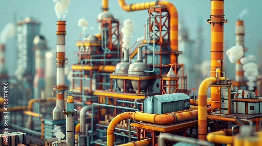 Towering industrial cityscape with a complex network of smokestacks pipes and machinery representing modern urban energy production and manufacturing Towering industrial cityscape with a complex network of smokestacks pipes and machinery representing modern urban energy production and manufacturing