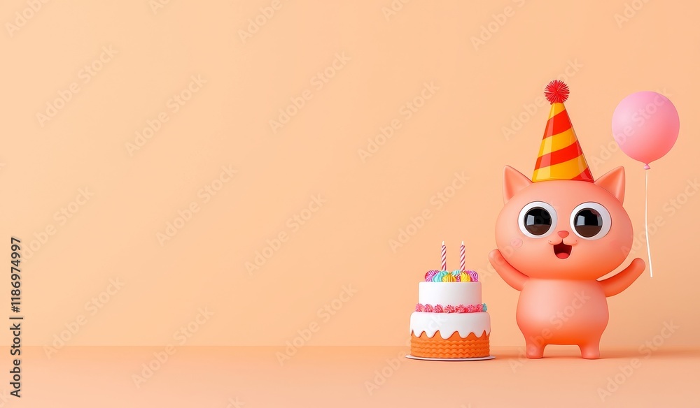 Cheerful cartoon cat with a birthday cake, on an orange background, leaving space for copy. Cheerful cartoon cat with a birthday cake, on an orange background, leaving space for copy.