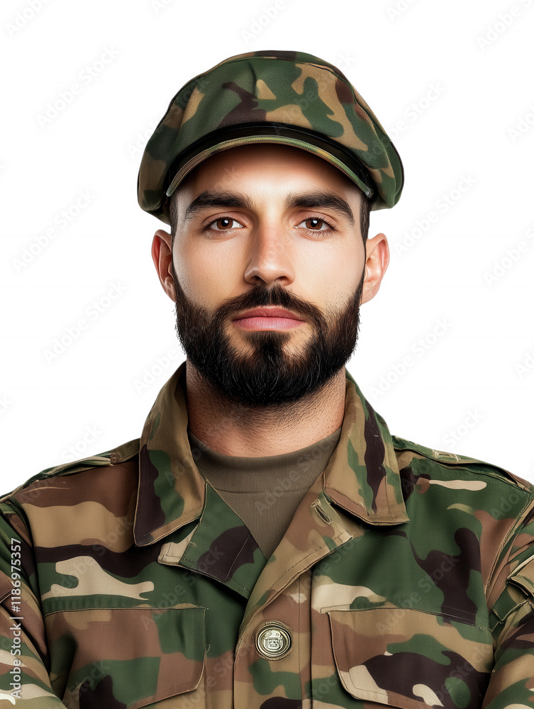 Confident Soldier in Camouflage Uniform with Serious Expression Confident Soldier in Camouflage Uniform with Serious Expression