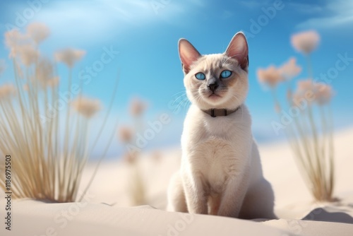 Portrait of a happy tonkinese cat in serene dune landscape background photo