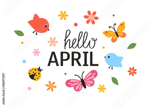 Hello April lettering. Cute set of spring elements. Birds, flowers, insects, leaves. 