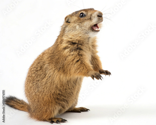 Cheerful brown groundhog with a big smile, standing on hind legs, isolated with a white background.