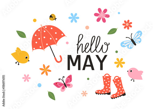 Hello May lettering phrase. Spring slogan with cute design elements. Vector illustration for card, scrapbooking, sale, background.