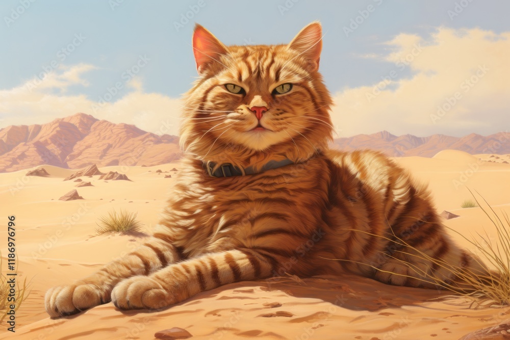 Obraz premium Portrait of a smiling cymric cat while standing against serene dune landscape background