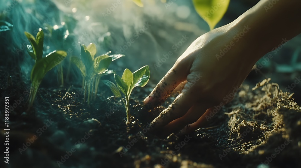 Fototapeta premium Hand gently tending young plants emerging from smoky soil.