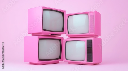Four pink televisions from the 90s stacked mock up white screens white background 8k real photo