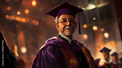 Honorary degree presentation, notable recipient, academic regalia, ceremonial setting, spotlight focus, close-up shot, high definition, significant achievement. Nightblaze. Illustration