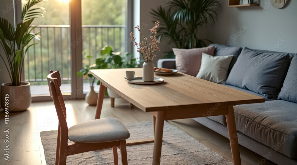 serene living room with wooden table gray sofa serene living room with wooden table gray sofa