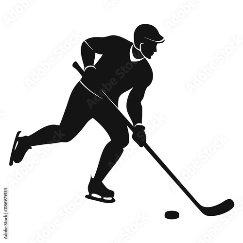 hockey player vector art, silhouette hockey player with hockey stick, hockey player running silhouette vector icon isolated on white background.