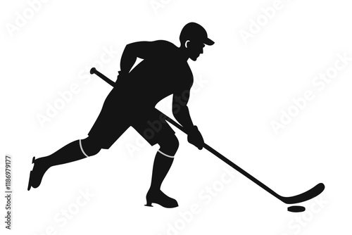 hockey player vector art, silhouette hockey player with hockey stick, hockey player running silhouette vector icon isolated on white background.