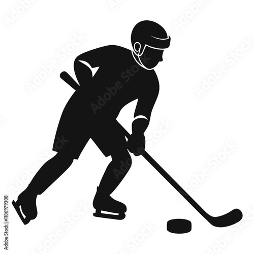 hockey player vector art, silhouette hockey player with hockey stick, hockey player running silhouette vector icon isolated on white background.
