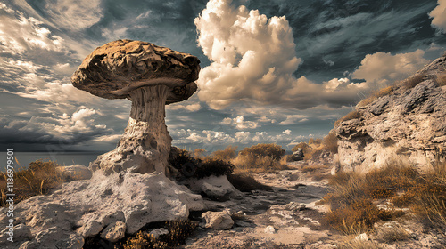 Lacco ameno scenic landscape with a notable rocky mushroom formation under a cloudy sky. Nightblaze. Illustration photo