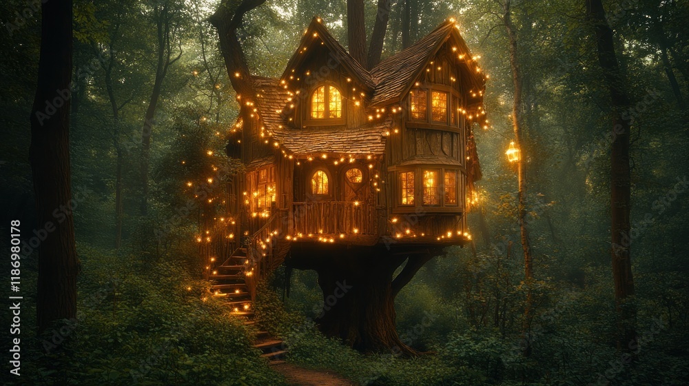 Fototapeta premium Enchanting treehouse in a misty forest at night.