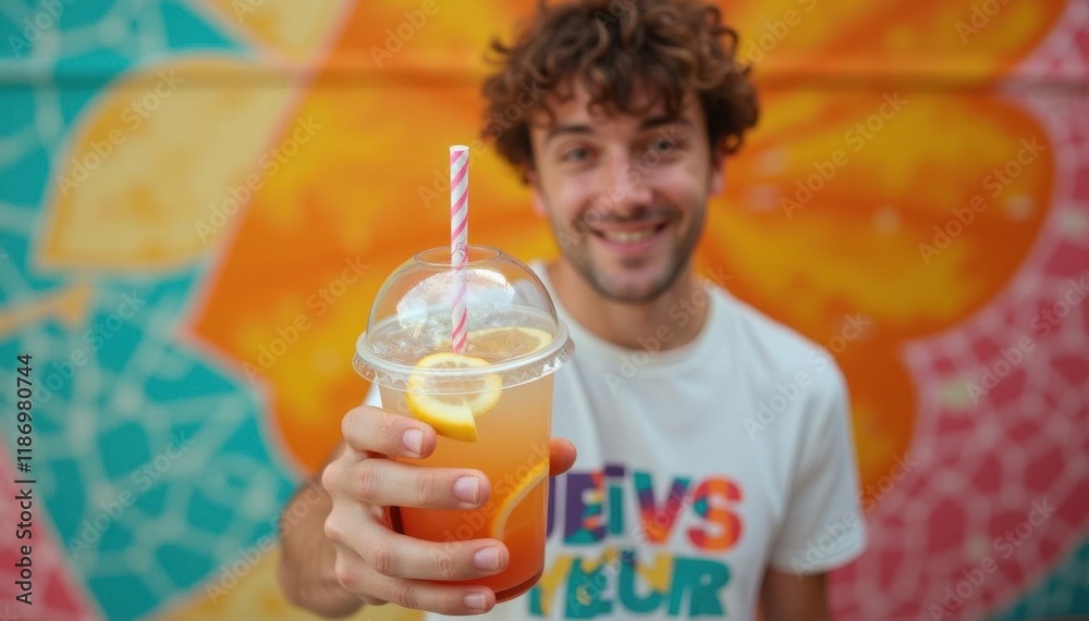 Young man holding refreshing lemonade against colorful mural backdrop Young man holding refreshing lemonade against colorful mural backdrop