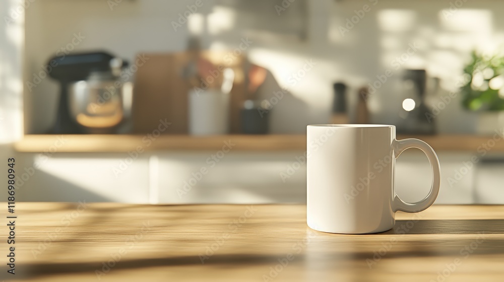 White blank mug standing on a wooden table in a modern kitchen illuminated by the morning sunlight, perfect for showcasing your designs or branding White blank mug standing on a wooden table in a modern kitchen illuminated by the morning sunlight, perfect for showcasing your designs or branding