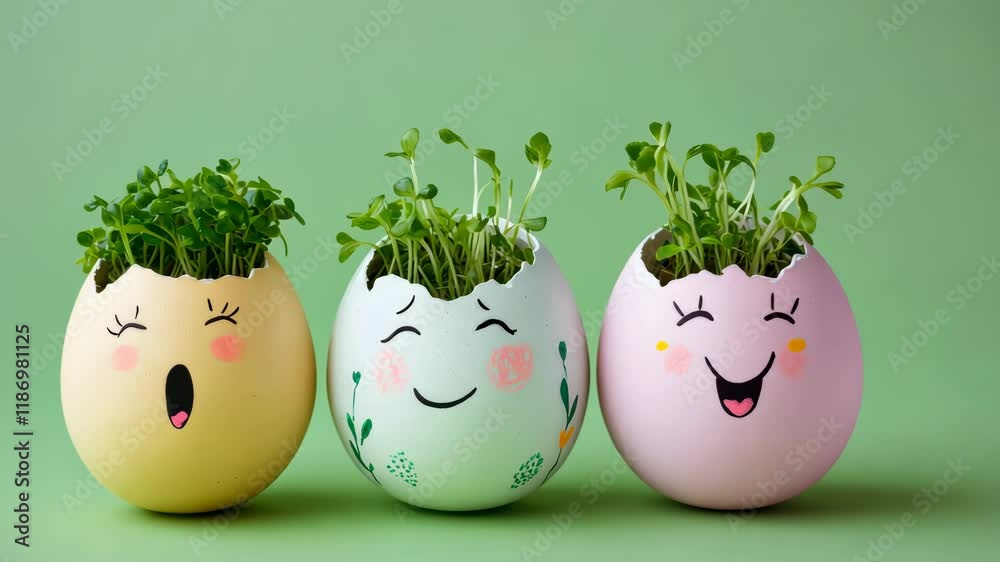 Creative decoration ideas using eggshell planters filled with fresh sprouts in a cheerful setting