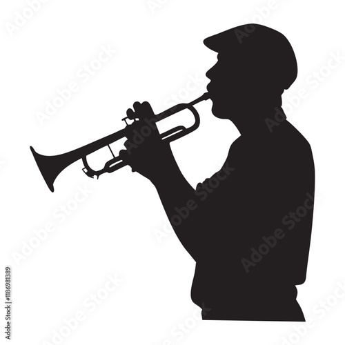 Silhouette of a musician, blowing a trumpet vector illustration isolated on a white background