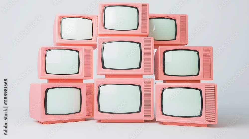 90s pink televisions stacked mock up white screens white background 8k real photo