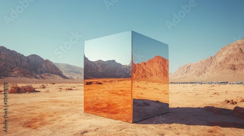 Here's a surreal landscape with a metal cube in the desert. Let me know if you'd like to adjust any details!