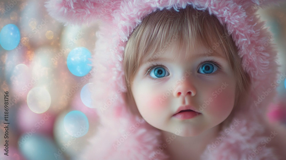 Fototapeta premium Adorable Baby Girl In Pink Furry Hood