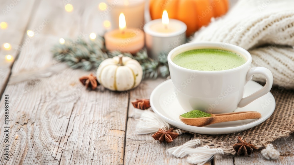 Cozy Autumn Scene Featuring Matcha Tea in a White Cup Surrounded by Candles and Seasonal Decorations