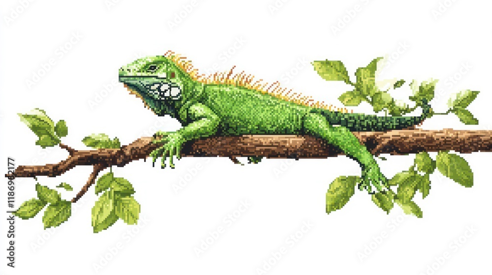 Pixel Art Iguana on Branch - Tropical Exotic Vibes in 8-Bit Green | Vector Illustration on White Background Pixel Art Iguana on Branch - Tropical Exotic Vibes in 8-Bit Green | Vector Illustration on White Background