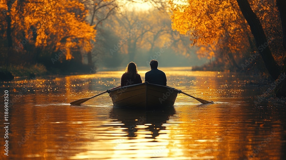 Couple rowing boat on calm autumn river at sunset.