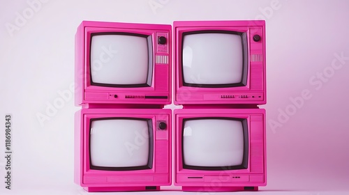 Four stacked pink televisions from the 90s mock up white screens white background 8k real photo
