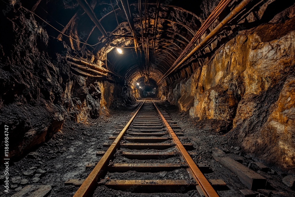 Naklejka premium Journey through an abandoned mine showing old tracks leading into darkness and mystery