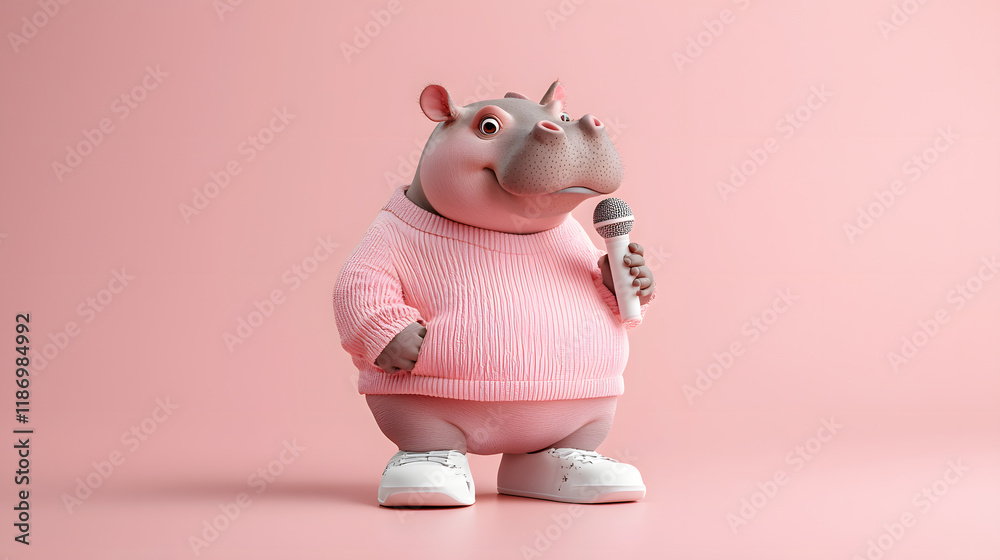 Snarky baby hippo in pink sweater holding microphone, ready to perform. This adorable character exudes charm and playfulness, perfect for fun and lively atmosphere Snarky baby hippo in pink sweater holding microphone, ready to perform. This adorable character exudes charm and playfulness, perfect for fun and lively atmosphere