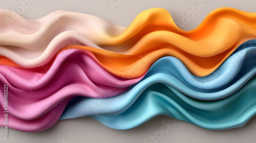 Soft, flowing fabric in pastel colors of pink, orange, blue, and cream creates harmonious wave pattern. smooth texture adds touch of elegance and warmth to any design