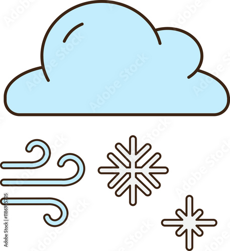 Cold wind with a cloud, wind gusts, and snowflakes