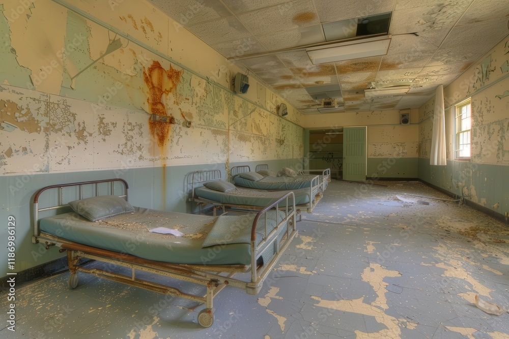 An abandoned room with old hospital beds and peeling walls, evoking a sense of neglect. An abandoned room with old hospital beds and peeling walls, evoking a sense of neglect.