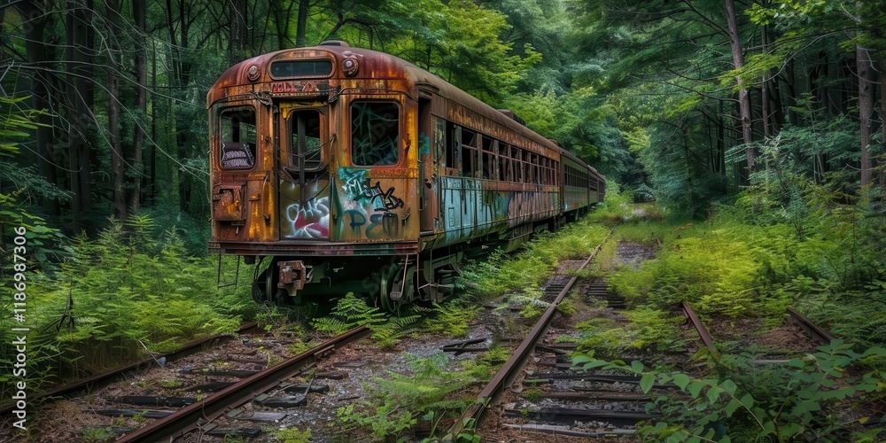 Fototapeta premium An abandoned train car overgrown with greenery, nestled in a forested area along old railway tracks.