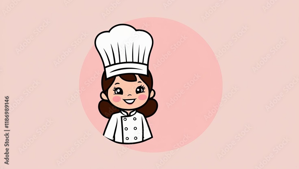 A cute cartoon chef with a white hat and jacket, smiling against a soft pink background.