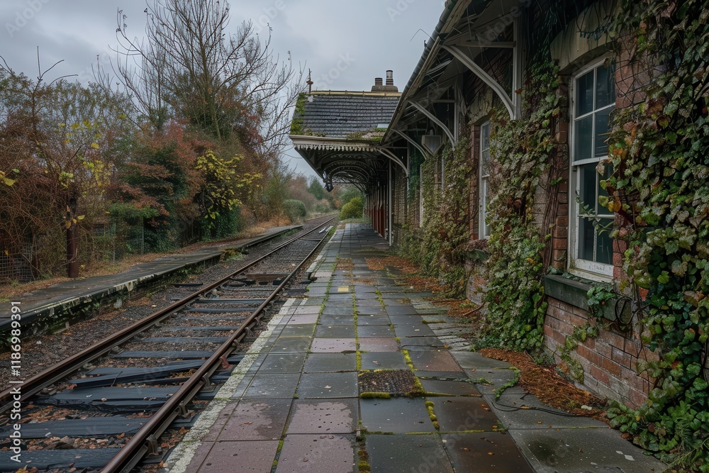 An abandoned train station with overgrown vines and a deserted platform on a rainy day. An abandoned train station with overgrown vines and a deserted platform on a rainy day.